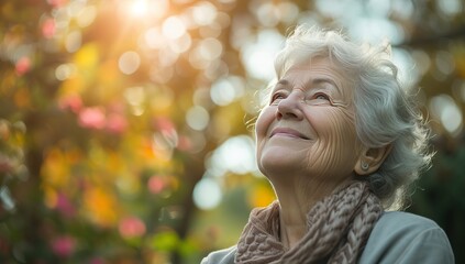 Elderly woman smiling against the backdrop of an autumn garden. The concept of gratitude and harmony with nature.