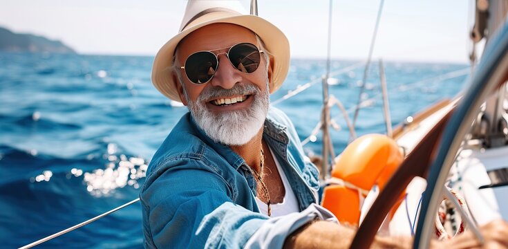 Elderly man at the helm of a yacht at sea. The concept of freedom and active longevity.