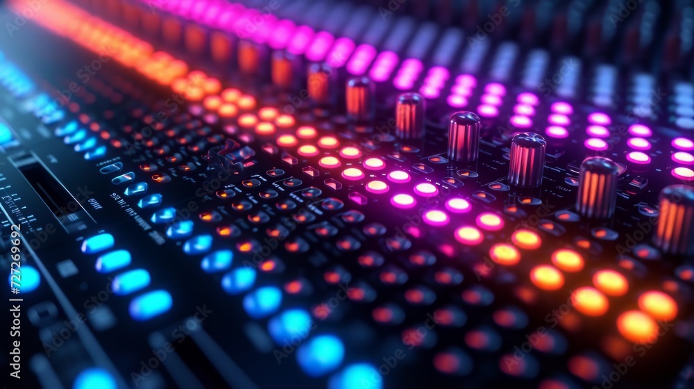 Poster audio equalizer board adorned with rows of luminous lights, reacting dynamically to the audio input,