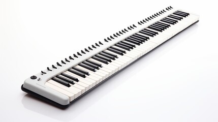 A single vintage keytar (keyboard guitar) isolated on white on a clean pure spotless white background