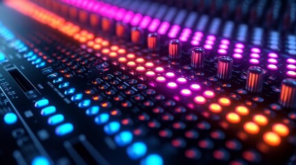 Audio equalizer board adorned with rows of luminous lights, reacting dynamically to the audio...