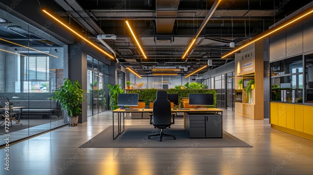 Poster Bright and vibrant office setting adorned with abundant ceiling lights, providing an energetic and well-lit workspace for efficient tasks and projects Generative AI