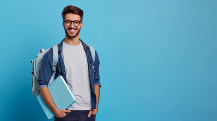young man with a friendly smile, wearing a denim shirt over a gray tee and carrying a backpack over one shoulder, holding books in front of a solid blue background - obrazy, fototapety, plakaty