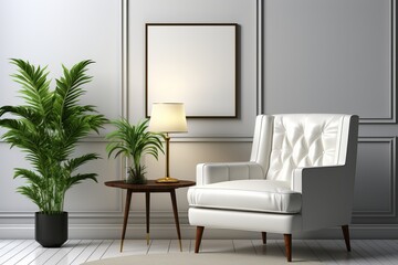 Minimalistic modern home interior. Armchair, table and plants.