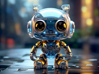 A tiny cute translucent polycarbonate robot in a stunning close-up shot