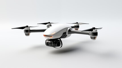 A sleek modern drone hovering alone on white symbolizing technological innovation