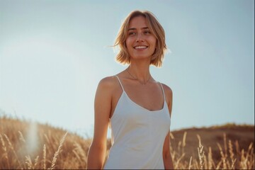 an attractive 25 years old European woman on a grain field