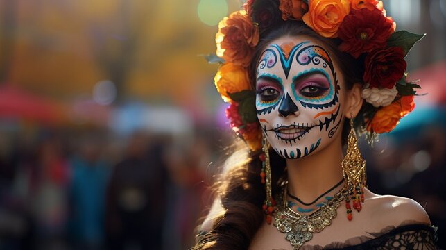 Woman With Skeleton Face Paint and Flowers in Her Hair, Day Of The Dead