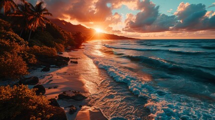 Coastal enchantment, drone's perspective, sun on horizon, breathtaking vistas, immersive and detailed sunset over French Polynesia Generative AI - obrazy, fototapety, plakaty