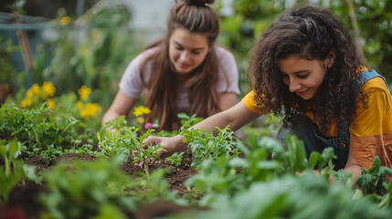 Two Girls in a Garden Looking at Plants