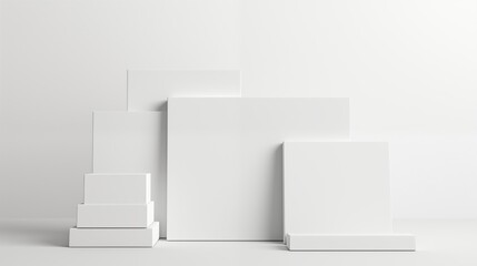 A stack of blank white canvases of various sizes isolated on white on a clean pure spotless white surface