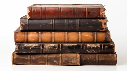 A stack of antique leather-bound books with weathered pages isolated on white reflecting history