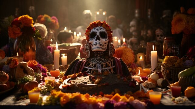 Skeleton Sitting in Front of Table With Candles, Diwali