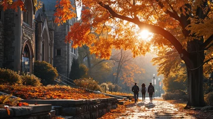Foto op Canvas College campus, students walking, autumn leaves, academic buildings, photorealistic university scene Generative AI © vadosloginov