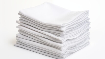 A stack of crisp folded white handkerchiefs neatly presented on a white background