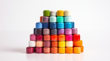 A stack of vibrant artist's paint tubes isolated on white showcasing a palette of colors