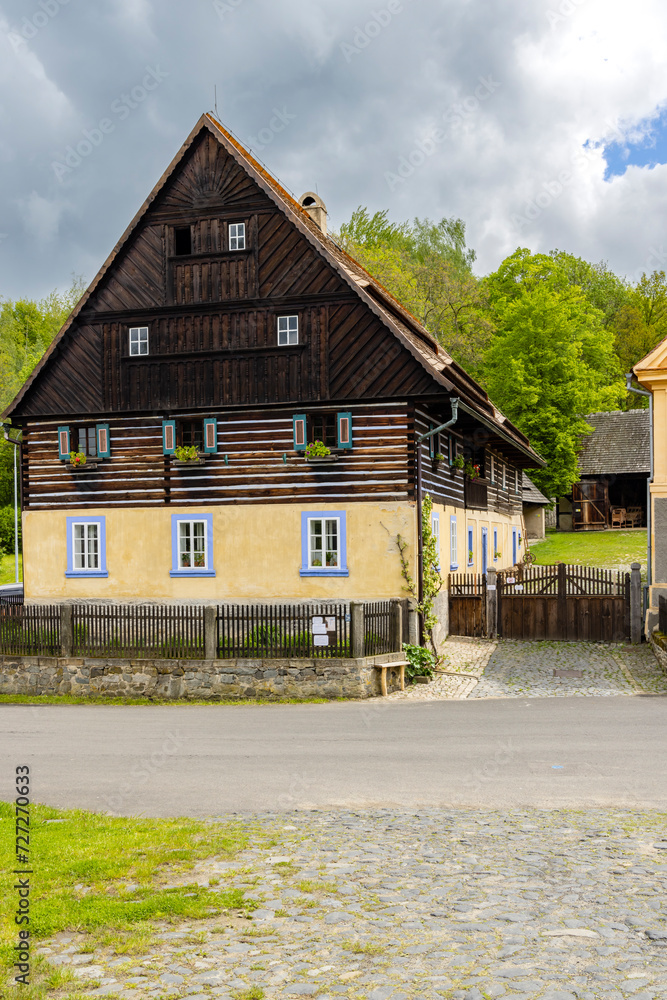 Sticker Half-timbered house, folk architecture in Zubrnice, North Bohemia, Czech Republic