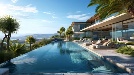 Fototapeta premium Courtyard pool with a contemporary mansion, vanishing edge, expansive view, luxurious setting, detailed and scenic illustration Generative AI