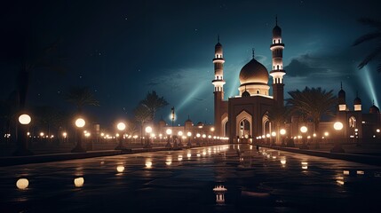 Fototapeta na wymiar Night Scene With Full Moon and Mosque, Eid
