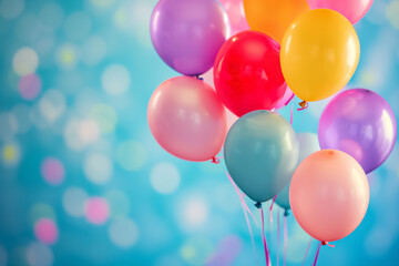 Colorful balloons on a blue bokeh background.
