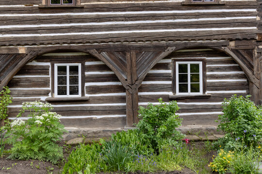 Half-timbered house, folk architecture in Zubrnice, North Bohemia, Czech Republic
