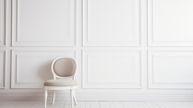 Capture an image of a single white chair in an empty traditional dining room. Emphasize the clean lines and design. Place against a pure spotless white background