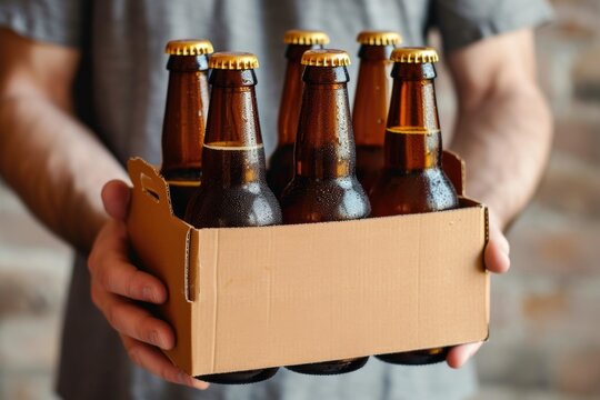 Mans Hand holding a six pack of brown beer bottles
