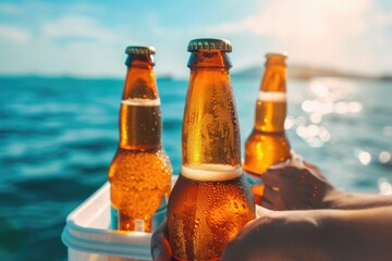 Hand of man taking glass bottle of cold tasty beer out of cooler box when attending party on pier