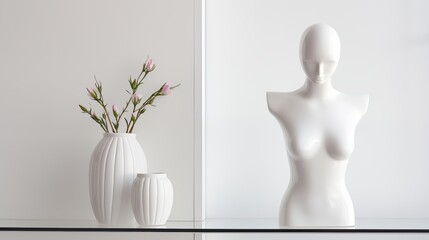 Feature an overhead shot of a single polished white ceramic figurine on a clean shelf emphasizing its elegance against a backdrop of pure spotless clean white