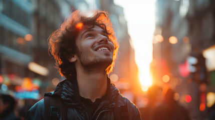 Obraz premium Man Laughing in the Middle of a Busy City Street