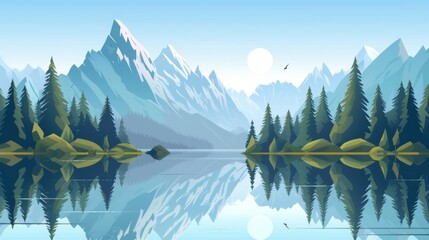 lake on a background of mountains flat style.