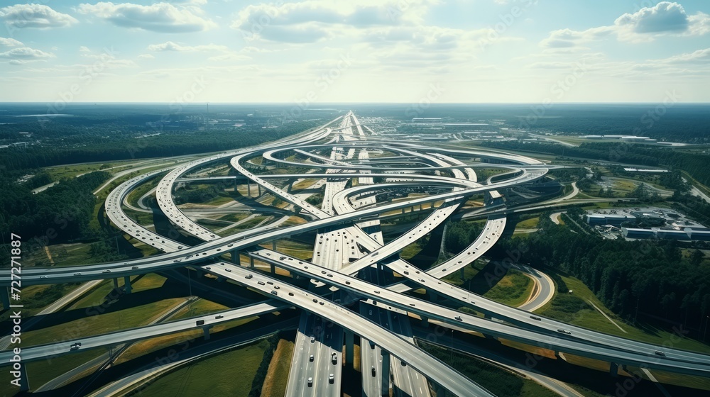 Poster Drone footage illustrating a highway cloverstack interchange with its distinct looping ramps. Generative AI