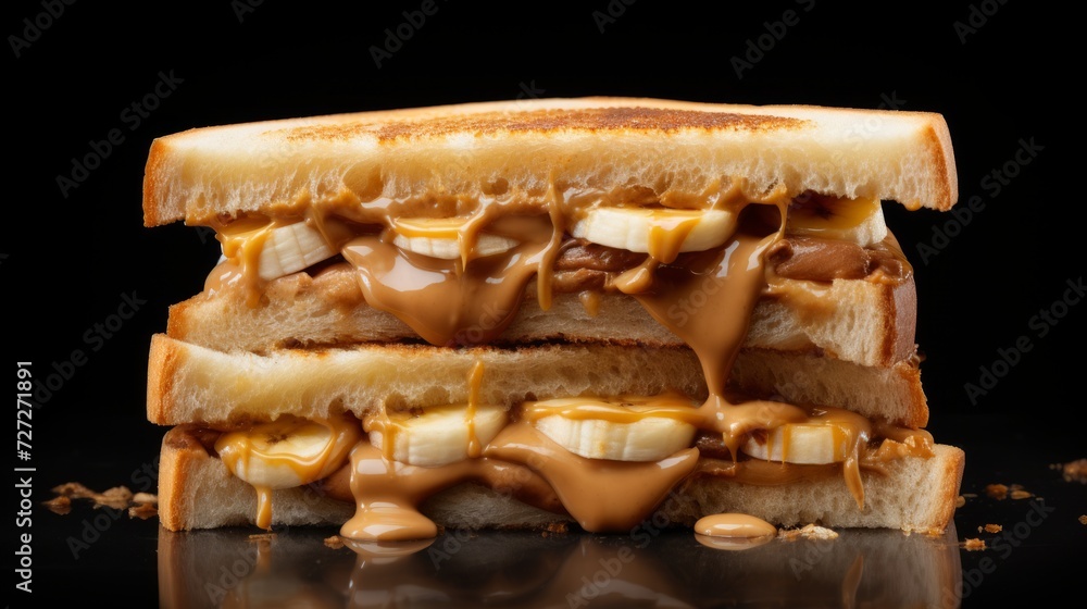 Poster a classic grilled peanut butter and banana sandwich captured in a close-up realistic photo against a