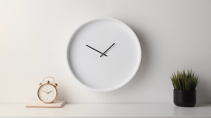 Showcase a traditional white wall clock as the only object on the wall. Highlight the timeless design. Place against a pure spotless white background