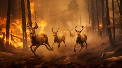 Wildfire Deer Fawn Escape Running Fleeing Animal Forest Trees Woods - obrazy, fototapety, plakaty