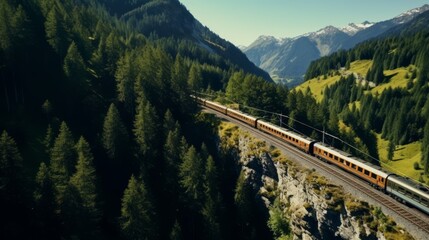 Naklejka premium Drone footage revealing a train journey along a steep mountain slope, highlighting the train's path and elevation changes. Generative AI