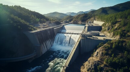 Drone shots of a dam or hydroelectric power plant, emphasizing the engineering marvel from an aerial viewpoint. Generative AI