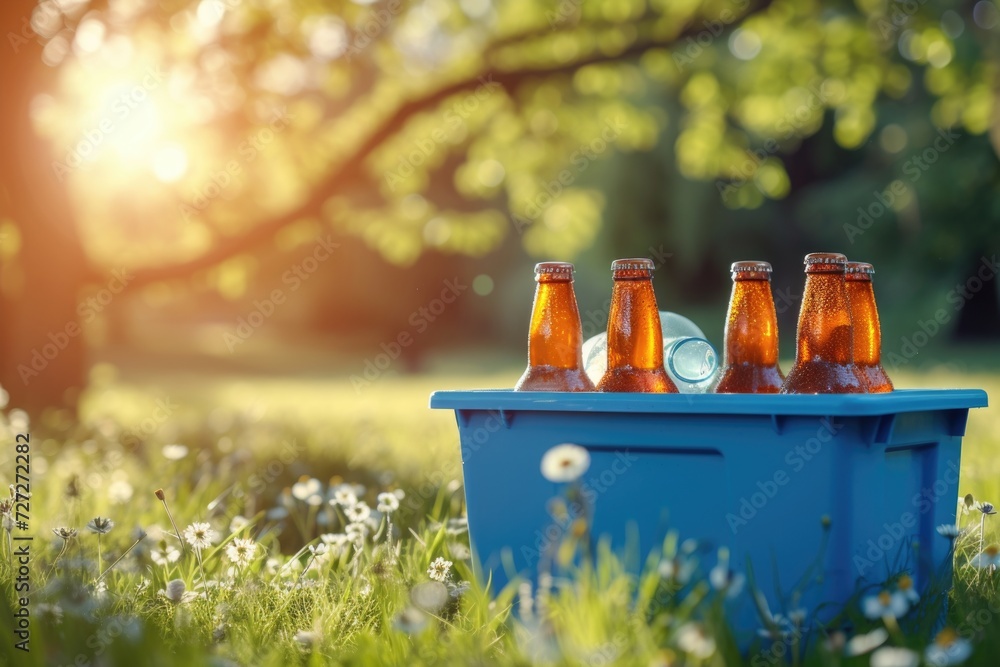 Wall mural blue plastic cool box with bottles of beer in park