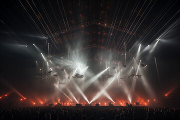  Energetic crowd at a live concert, stage aglow with bright lights. Concept for music events, nightlife, and entertainment. Copy space available.