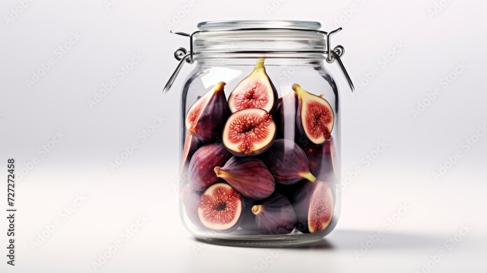 Aufkleber a close-up realistic photo of a glass jar packed with ripe figs against a white background generativ