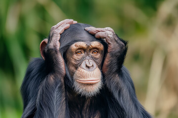 Chimpanzee with hands on head against a green leafy background.