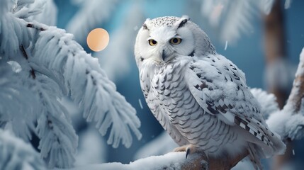 White Winter Owl Perched on a Tree Branch

