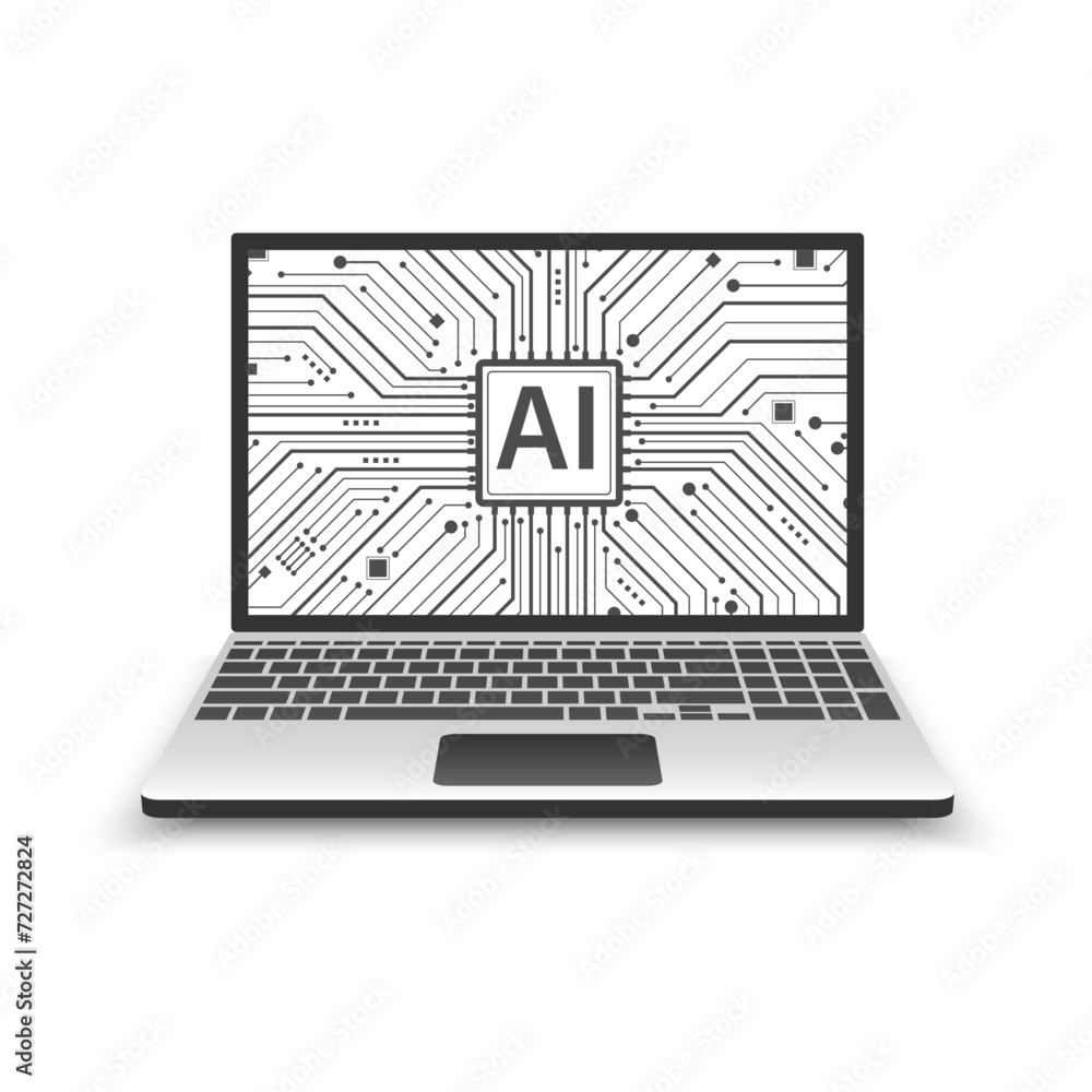 Fototapete Artificial intelligence in laptop system icon, Laptop displaying electronic circuit chipset isolate on white background, Technology concept Machine learning, Vector illustration logo template.