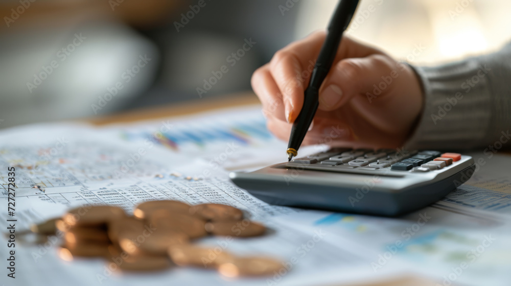 Poster close-up of a hand using a pen to press a button on a calculator with coins and financial documents 