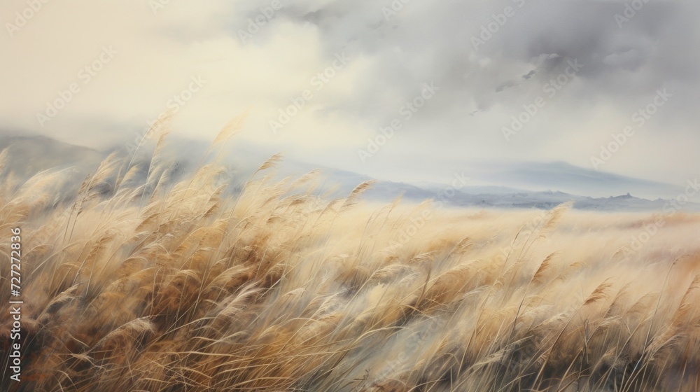 Poster endless prairies with gently swaying grass. aquarelle generative ai