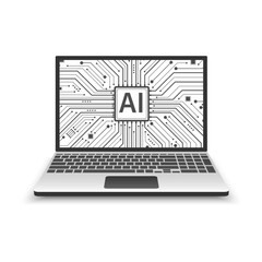 Artificial intelligence in laptop system icon, Laptop displaying electronic circuit chipset isolate on white background, Technology concept Machine learning, Vector illustration logo template.