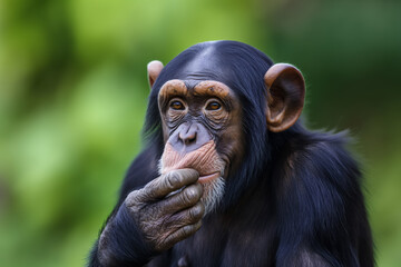 A thoughtful chimpanzee with a hand on its chin against a blurred green background.
