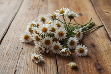 Obraz premium Concept photo of daisies on wooden table