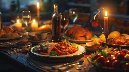 A warmly lit festive dinner table set with candles, wine, and a variety of dishes, creating an inviting holiday atmosphere.