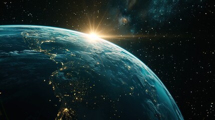 The sun peers brightly over the Earth's curvature, illuminating city lights and continents from the darkness of space.